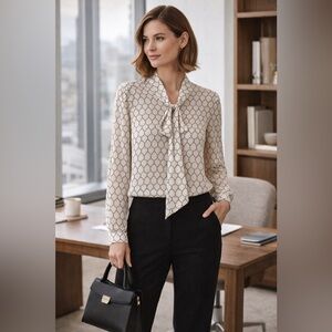 Adrianna Papell Blouse XL Ivory Black Dot Tie Neck Chiffon NWT